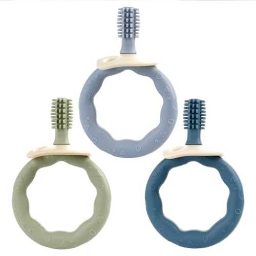 3PCS Baby Teething Toys for 0-12 Months,Silicone Teether BPA Free Ring Baby Chew Toys Infant Oral Care with Easy Grip Handles for Sore Gums (Blue)