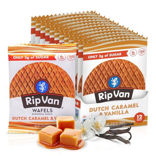 Rip Van Wafels Dutch Caramel &amp; Vanilla Stroopwafels, Healthy Snacks, Non-GMO, Low Calorie, Low Sugar (3g), Office Snacks, Keto Friendly, 12 Count