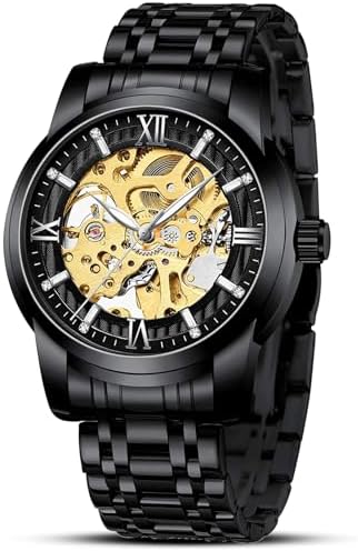 LN LENQIN Mens Watch Skeleton Luxury Mechanical Stainless Steel Waterproof Black Automatic Self-Winding Roman Numerals Diamond Dial Wrist Watch