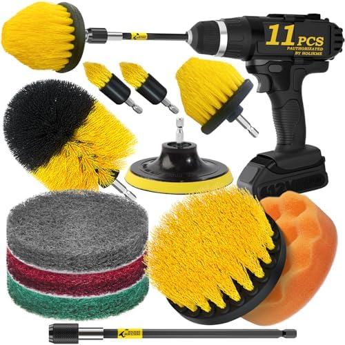 Holikme 11 Piece Drill Brush Attachment Set Scouring Pads Power Scrubber Brush Scrub Pads for Bathroom Surfaces, Floor, Tub, Shower, Grout, Tile, Corners,Cleaning Brush