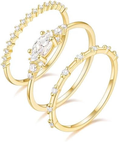 TIGRADE 14K Gold Plated Stacking Rings for Women Minimalist Fashion Knuckle Thin Band Marquise &amp; Round Cubic Zirconia Statement Ring Set Size 3-13