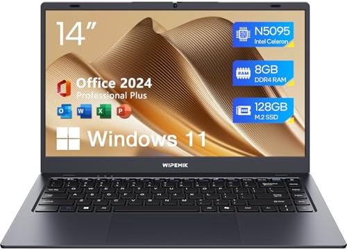 WIPEMIK Laptop Computer, 8GB RAM, 128GB SSD, Quad-Core N5095 Processor Laptop, 14&#34; HD Display Laptops, Support WiFi 5, Bluetooth 5.0, USB 3.0, Webcam, Pre-Installed Office Pro Plus 2024