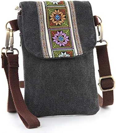 SILKAREA Retro Embroidered Canvas Flip Cover Small Crossbody Bag Phone Bag Women's Wristband Wallet Zero Wallet