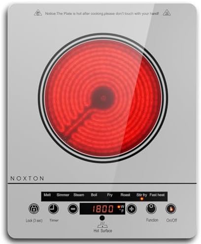 Noxton Portable Electric Stove 110V, 1800W Single Burner Electric Cooktop, Countertop Burner Electri Hot Plate, 4 Hour Timer, 9 Power Level, Child Safety Lock, Compatible with All Cookware(Grey)