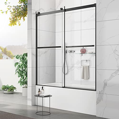 Sunrosa Tub Shower Door 60&#34;×60&#34;, Double Sliding Bathtub Door, Frameless Tub Door with Tempered Glass, Glass Shower Door for Bathtub in Matte Black II