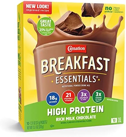 Carnation Breakfast Essentials High Protein Powder Drink Mix, Rich Milk Chocolate, 10 Packets, 6 Count