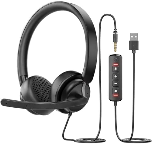 awatrue USB Headset with Microphone for PC, Computer Headset with Noise Canceling Microphone for PC Laptop, in Line Mute Controls, Wired Headset for Work from Home\/Office\/Call Center\/Teams\/Zoom