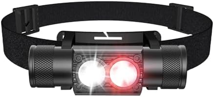 LED Headlamp Rechargeable Flashlight, 180°Wide Beam Red and White Light Head Lamp, 6 Modes Headlight, Lightweight and Waterproof Headlamps, Hiking, Camping, Outdoors, Work- Adults and Kids(H25B)
