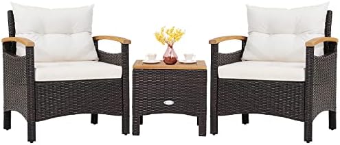 Tangkula 3-Piece Patio Furniture Set, Patiojoy Outdoor Rattan Sofa Set with Coffee Table, Patio Conversation Set with Removable Cushion, Cozy Acacia Wood Armrests for Backyard, Poolside (Off White)