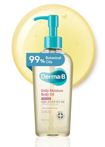 Derma B  Daily Moisture Body Oil  99% Natural Argan &amp; Sweet Almond Oil  Shower Oil for Dry Sensitive Skin  Light &amp; Long-Lasting Hydration  Skin Body Care Oil with Peach Scent  6.78 fl oz (200m