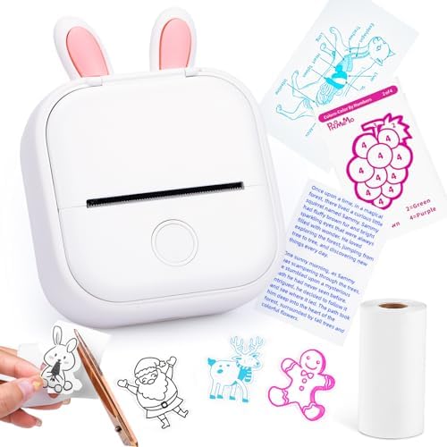 Memoking Mini Portable Printer - T02 Inkless Pocket Thermal Sticker Maker Mini Sticker Printer Mobile Label Maker for Student, Gift, White (Bunny Case Not Included)