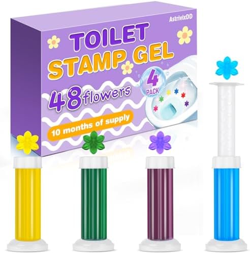 AstrivixDD 4 Pack Toilet Gel Stamp, 48 Stamps 4 Kinds Of Scent Toilet Bowl Cleaner Gel, Long-Lasting Flowers Shaped Bathroom Freshener, Keeps Toilet Fresh Fragrant and Clean