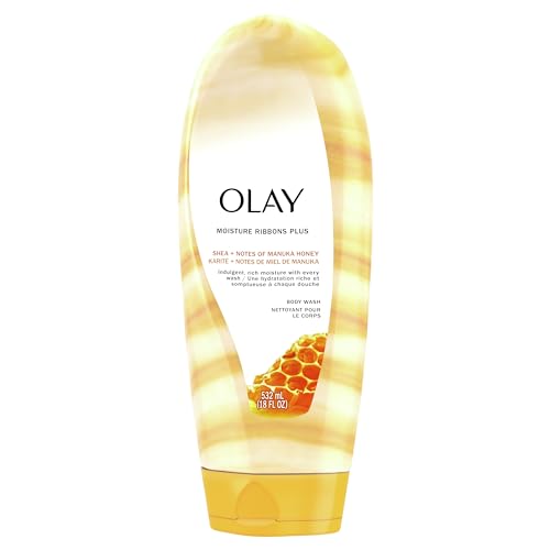 Olay Body Wash for Women, Moisture Ribbons Plus, Deep Conditioning &amp; Moisturizing Formula, Long Lasting Smooth Soft Skin, For All Skin Types, Shea Butter &amp; Manuka Honey Scent, 18 fl oz