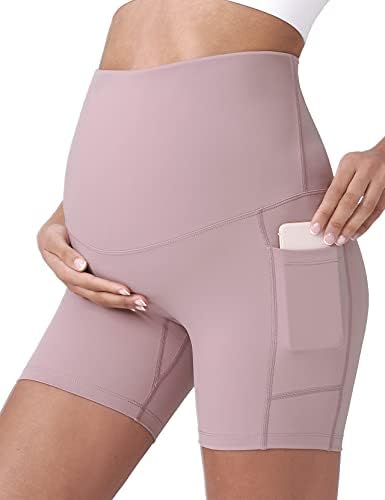 POSHDIVAH Women&#39;s Maternity Yoga Shorts Over The Belly Bump Summer Workout Running Active Short Pants with Pockets 5&#34;\/8&#34;