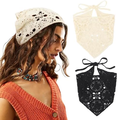 DRESHOW Floral Crochet Hair Bandana Tie Knotted Headscarf Vintage Headband Knitted Head Kerchief for Women Girls