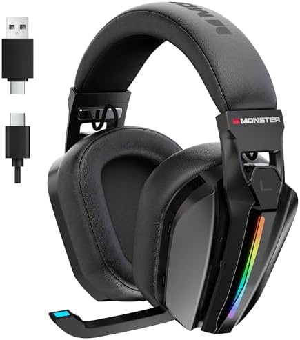 Monster Mission ANC200 Wireless Gaming Headset, 7.1 Virtual Surround Sound, ANC, Stealth Retractable Mic, 70HRS Battery, 2.4GHz or BT, for PC, PS5, Mobile, 3.5mm Audio Jack (Black)