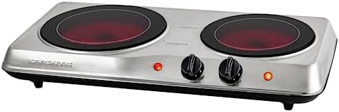 OVENTE Countertop Infrared Double Burner, 1700W Electric Hot Plate and Portable Stove with 7.75&#34; and 6.75&#34; Ceramic Glass Cooktop, 5 Level Temperature Setting and Easy to Clean Base, Silver BGI