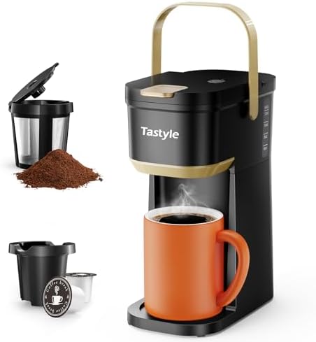 Tastyle Single Serve One Cup Coffee Maker, for K Cups and Grounds, Mini Coffee Maker with Portable Handle, 6 to 12 Oz Brew Size, for Travel, Camping, Office, RV and Dorm, 120V, Black and Gold