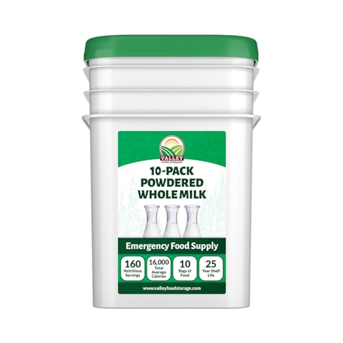 Valley Food Storage Whole Milk Powder  Contains Vitamin A &amp; Vitamin D  Powdered Milk Long Term Storage, 25 Year Shelf Life  Camping Food, Backpacking Meals, Prepper Supplies (10 Bags + Bucket)