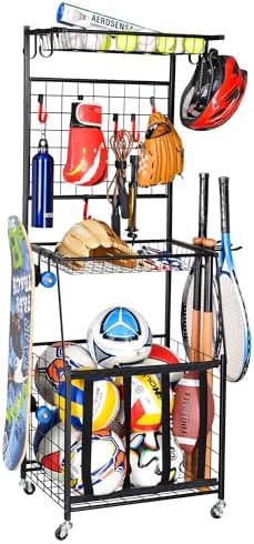 PLKOW Sports Equipment Storage for Garage, Indoor\/Outdoor Sports Rack for Garage, Ball Storage Garage Organizer with Basket and Hooks,Toy\/Sports Gear Storage