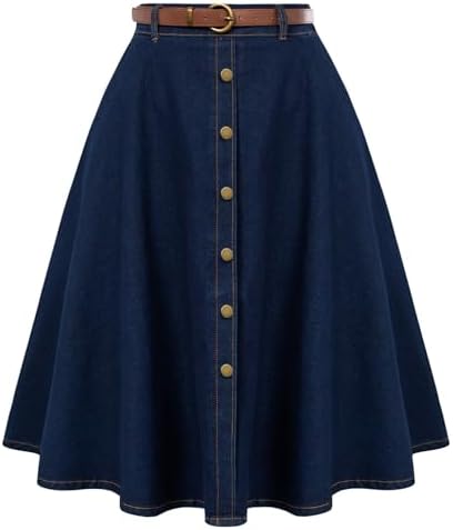 Belle Poque Women&#39;s Denim Skirts Vintage Below Knee Length High Waist A-Line Jean Skirts with Pockets