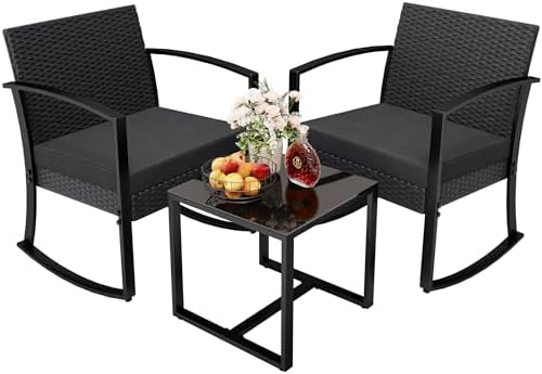 Greesum 3 Piece Patio Furniture Set, All-Weather Imitation Rattan Conversation Set, Outdoor Rocking Chair Bistro Set with Glass Top Coffee Table for Pool, Deck, Porch, Garden or Balcony, Black