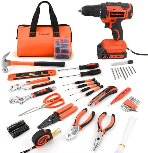 COMOWARE 171PCS Home Tool Kit with 20V Cordless Drill &amp; Orange Storage Bag, All-in-One DIY Repair Set for Household Maintenance