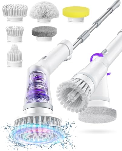 NBONEBS Electric Spin Scrubber, Cordless Shower Scrubber Rotary Floor Brushes &amp; Pad Drivers with 6 Brush Heads - 2H Dual Speed, IPX7 Waterproof Extension Handle for Bathroom Tile Car Cleaning (Whi