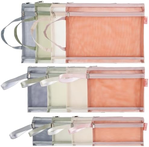Valtiner 12-Pack Mesh Zipper Pouch Bags with Handles, Nylon Document Bag Double-Layer See Through, File Storage Pouches for Office School Supplies (4Pcs A4 &amp; 4Pcs A5 &amp; 4Pcs A6)