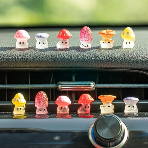 Rislobx 12PCS Luminous Mushroom Car Dashboard Decorations, Cute Mushroom Decor for Women Rear View Mirror Ornament Cute Car Decor Interior Dashboard Accessories for Home Office
