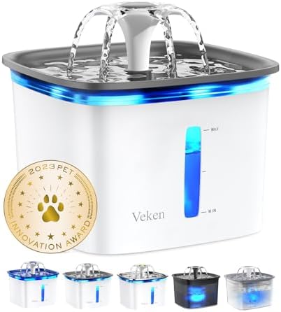 Veken Innovation Award Winner 95oz\/2.8L Pet Fountain, Automatic Cat Water Fountain Dog Water Dispenser with Replacement Filters for Cats, Dogs, Multiple Pets (Grey, Plastic)