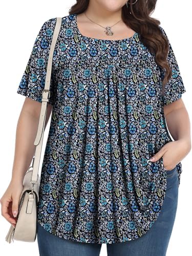 PEVRL Plus Size Tops for Women Summer 2025 Short Sleeve Shirts Tunics Square Neck Casual Loose Blouses 1X-5X