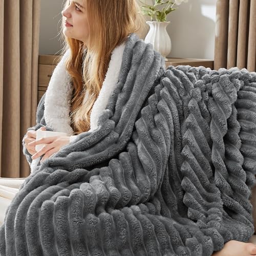 Bedsure Sherpa Blanket Queen Size for Bed - Super Soft Cozy Plush Fleece Thick Warm Blanket for Winter, Dark Grey, 90x90 Inches