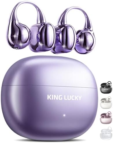 King Lucky Clip on Earbuds Open Ear Wireless Bluetooth 5.4 Headphones with Mic,50H Play,Noise Cancelling,Waterproof,Sports Ear Buds,Comfortable for Small Ears &amp; Glasses Wearers,Workouts (Purple)