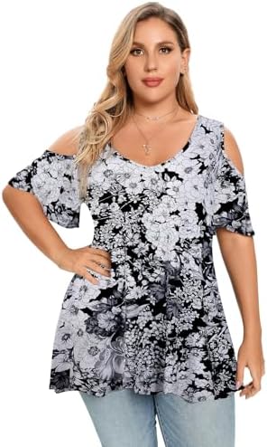 LARACE Plus Size Tunic Tops For Women V neck Short Sleeve T-shirt Cold Shoulder Loose Summer Tops Blouse