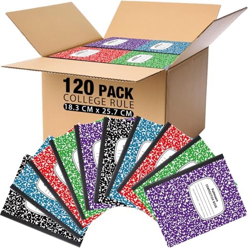 Fulmoon 120 Pack Composition Notebook Bulk 10.12 x 7.2&#39;&#39; Composition Notebook Pack 30 Sheets\/60 Pages Marble Covers Composition Notebooks for College School Office Supplies 5 Colors (College 