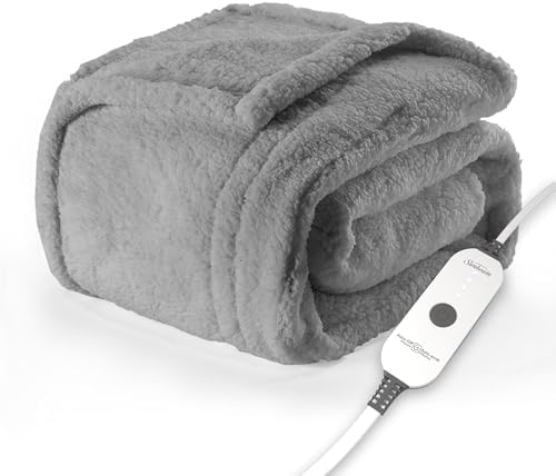 Sunbeam Royal Sherpa Foot Pocket Heated Throw Electric Blanket, 50&#34; x 60&#34;, 4 Heat Settings, 4-Hour Auto Shut-Off, Warming Throw for Couch or Bed, Fast Heating, Machine Washable, Grey
