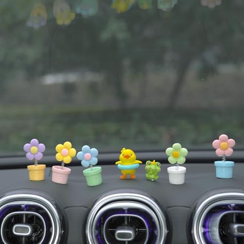 [Hot Sale] Final Clearance - Car Swing Decoration Rear View Mirror Accessories Pink Flowers Cute Frog Fun Duck Car Decoration Car Accessories Essential Ladies Cute Girls Interior (7 pieces)
