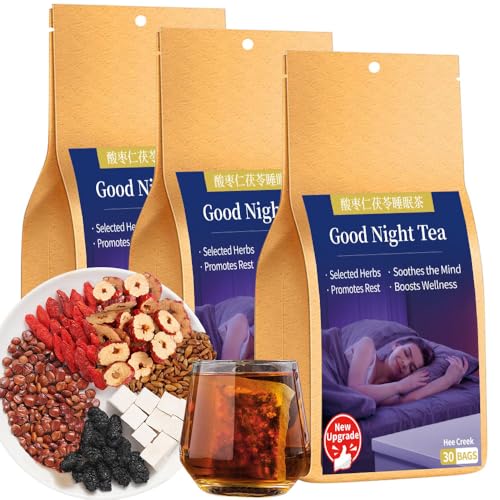 Hee Creek 90 Bags Sour Jujube Kernels Poria Cocos Tea 15.87oz\\/450g Good Night Herbal Tea for Sleeping with Mulberry Goji Berry Barley, Caffeine Free  Suanzaoren Fuling Tea Sleep Tea