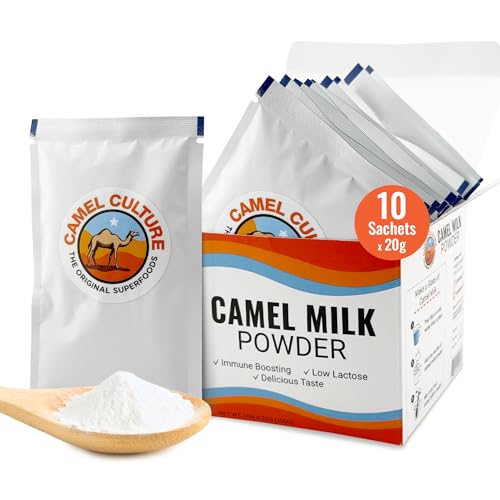 Camel Culture 100% Pure and Natural, Camel Milk Powder Sachets - 10 x 20g Sachets - Delicious Taste - Shelf Stable - Nutrient Dense, Low Lactose Powdered Milk Packets \u2013 Concentrated, Pasteurized 