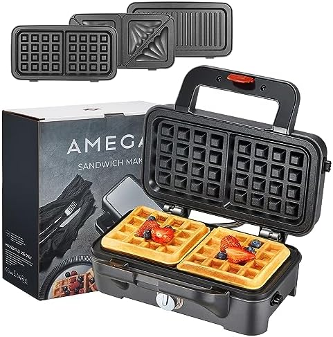AMEGAT 3 in 1 Sandwich Maker, Waffle Maker with Removables Plates, Panini Press Waffle Iron Set with 5-gear Temperature Control, Non-stick Coating Cool Touch Handle Anti-skid Feet for Breakfast, 1200W