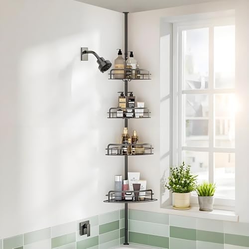 Corner Shower Caddy Tension Pole - 4-Tier Bathroom Organizer, Height-adjustable bathroom shelf, Stainless Steel Corner Shower Shelf 42.1-120.5 inchs, Including Toothbrush Cup and Soap Box, 2 Hooks