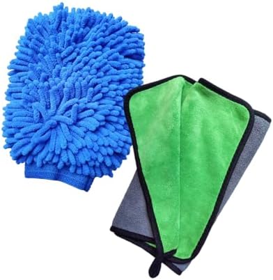 HeGangLy Towels and Car Wash Mitt Set - Chenille Mitt, Polishing Waxing Drying Auto Cloth, Cleaning Towel - Cleaning Tools for Car and Home (Grey-Green\/Blue)