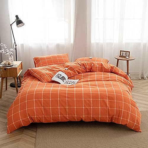 FACE TWO FACE Bedding Duvet Cover Set 3 Pieces 100% Washed Cotton Duvet Cover Linen Like Textured Breathable Durable Soft Comfy (Queen, Orange Grid)