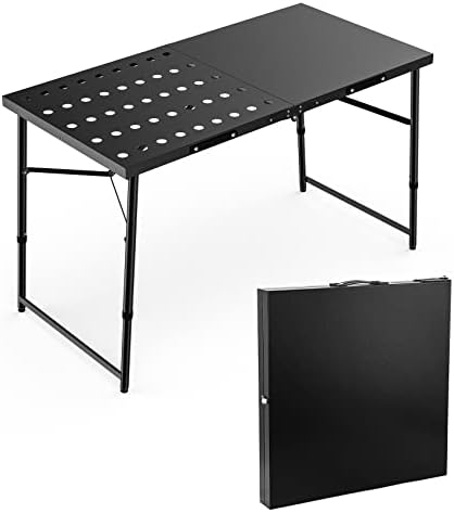 Skyflame Folding Camping Table with Adjustable Height Legs, Black Metal Portable Outdoor Grill Stand Table with Handle for BBQ, Grilling, Camping Trip, RV, Picnic, Backyards, Tailgating
