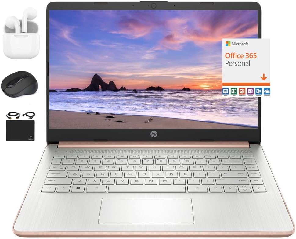 HP 2024 14&#34; Laptop Notebook Thin Light Students Business, Quad-Core Intel N4120, 16GB RAM, 384GB (128GB eMMC+ 256GB Card) 1 Year Office 365, Webcam WiFi, Windows 11S, HubxcelAccessory Rose Gold