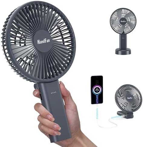 HandFan 6 Inch Handheld Fan with 4000mAh Battery 6 Speed Personal Fan, Strong Airflow, Cooling Desk Removable Base Design, 5-34H Working Time, 180° Foldable for Travel Outdoor Office Household(grey)