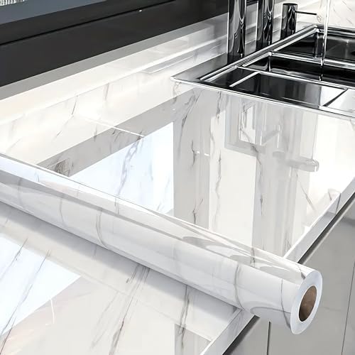 PeonyQueen Glossy Marble Contact Paper White Peel and Stick Wallpaper Marble Wallpaper Self-Adhesive Removable 15.7&#34;x78.7&#34; Wall Paper for Cabinets Bathroom Waterproof Wallpapers Modern Decorat