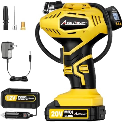 AVID POWER Cordless Tire Inflator Portable Air Compressor, 20V Rechargeable Battery Powered Car Tire Pump w\/ 12V DC Adapter, Digital Pressure Gauge, Air Pump for Car, Bike, Motorcycle, Ball