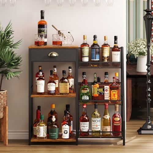 Jakyitvi Liquor Cabinet Bar for Home with Drawer, 3-Tier Wine Rack Freestanding Floor and Wine Shelf with Step Design for Whiskey, Spirits, Vintage Mini Bar for Kitchen Apartment
